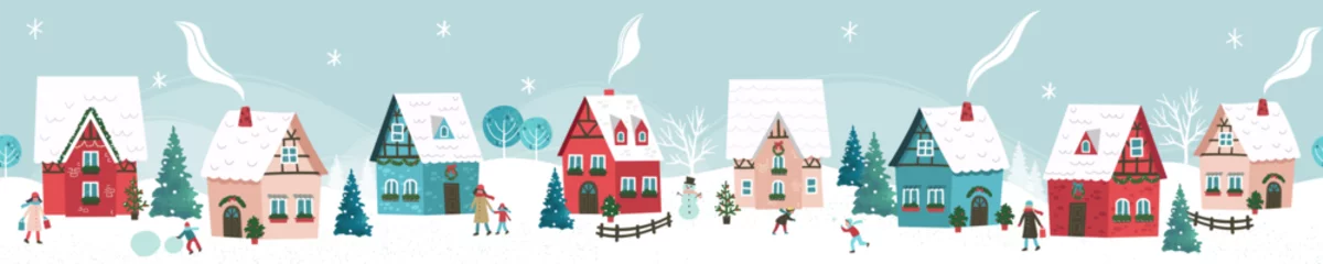 Fotobehang Cute hand drawn seamless Winter landscape with happy people playing, shopping, walking, Vector horizontal banner winter wonderland © TALVA