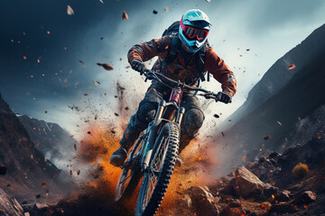 Fearless man tearing down a rugged trail on his extreme sports motorbike, sending dust and gravel flying in his wake. Ai generated - obrazy, fototapety, plakaty
