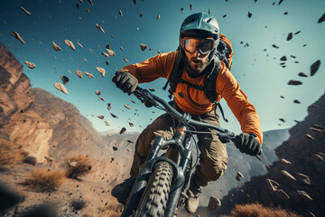 Fearless man tearing down a rugged trail on his extreme sports motorbike, sending dust and gravel flying in his wake. Ai generated - obrazy, fototapety, plakaty