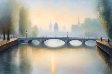 A misty morning on the Seine River with impressionistic views of the bridges, boats, and the play of light on the water - obrazy, fototapety, plakaty