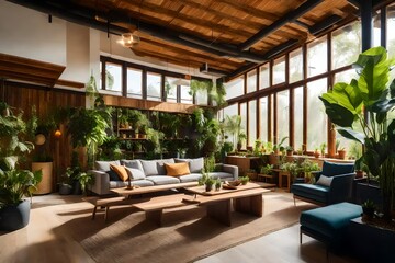 Fototapeta premium An eco-friendly and sustainable living space with recycled materials, indoor plants, and energy-efficient design