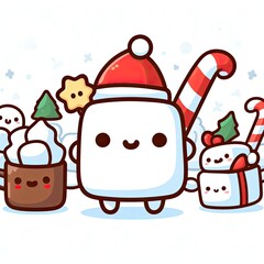 Naklejka premium white background, cute character, Christmas, marshmallow cocoa