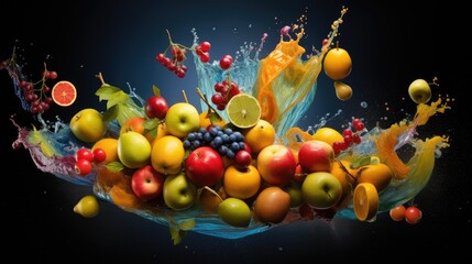  a bunch of fruit is splashing out of the water and into the air with a splash of oranges, lemons, cherries, blueberries, and watermelon.  generative ai