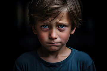 Portrait of sad crying boy. Domestic violence, child lost, kid abuse concept