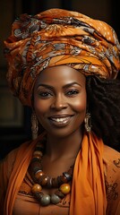 Smiling middle aged african american woman with orange headscarf. Beautiful black woman in casual clothing with traditional turban at home laughing. Model portrait illustration. Generative AI