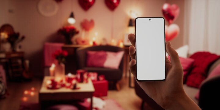 Caucasian male using a phone in the apartment decorated for valentines day date