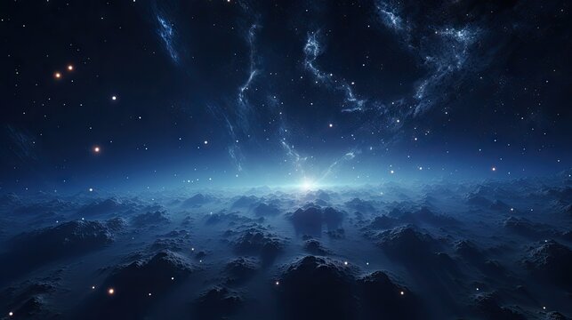  a view of the sky from the top of a mountain with a bright star in the middle of the sky.  generative ai