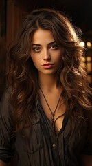 Fototapeta premium Beautiful brunette with brown lipstick on her lips. Pretty girl with long brown hair. Closeup portrait of a Brunette young woman. Woman portrait illustration. Generative AI