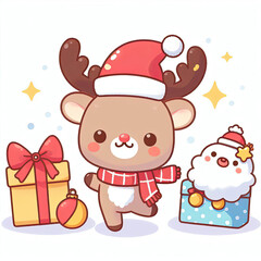white background, cute character, New Year's reindeer
