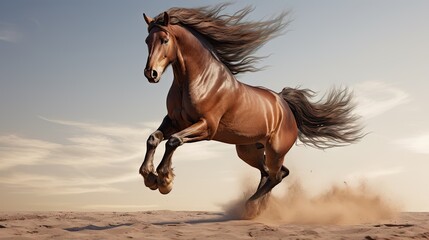  a horse running in the sand with its front legs in the air and it's rear legs in the air.  generative ai