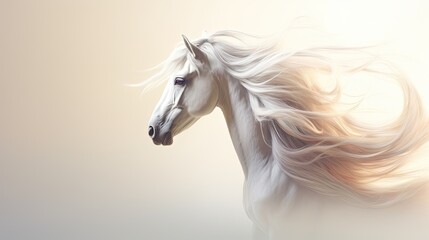  a painting of a white horse with long hair blowing in the wind, on a white background, with a light colored background.  generative ai