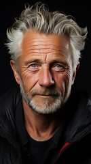 Obraz premium Close up portrait of an elegant senior man blue eyed and with grey hair on background. Man face portrait illustration. Generative AI