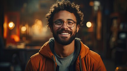 Young handsome man with beard wearing casual sweater and glasses over background happy face smiling with crossed arms looking at the camera. Smile emotion illustration. Generative AI - obrazy, fototapety, plakaty