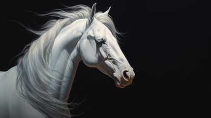 Obraz na płótnie Canvas a painting of a white horse with long hair on it's head, looking to the side, in front of a black background. generative ai