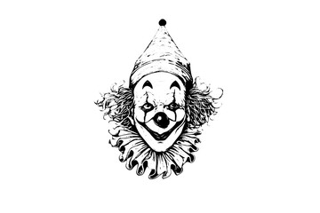 Creepy clown head hand drawn ink sketch. Engraved style vector illustration. - obrazy, fototapety, plakaty