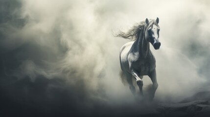  a white horse is galloping through the clouds in a black and white photo with a black and white background.  generative ai - obrazy, fototapety, plakaty