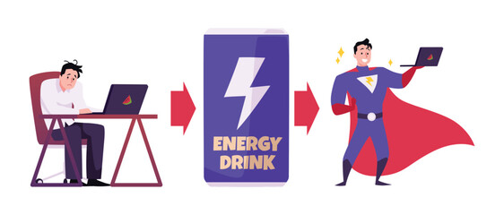 Vector illustration about energy drink, flat cartoon style, horizontal