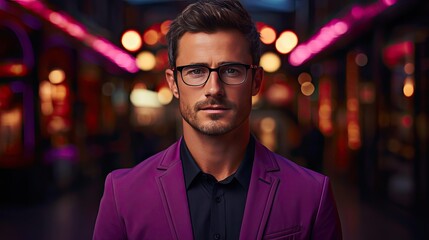 Fototapeta premium Young buisnessman wearing eyeglasses, jacket and shirt, holding arms crossed, looking at camera with happy confident smile, standing against background. Man portrait illustration. Generative AI