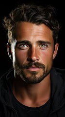 Fototapeta premium Studio shot of young man looking at the camera. Horizontal format, he has a serious face, he is wearing a black T-shirt. Man face portrait illustration. Generative AI