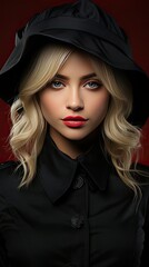 Beautiful young mysterious blond girl in black hat and black jacket on background. Eyes are covered with a hat. Manicure - long red nails, nail polish. Model illustration. Generative AI