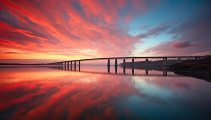 Fototapeta na wymiar a beautiful sunset at a beach with a bridge