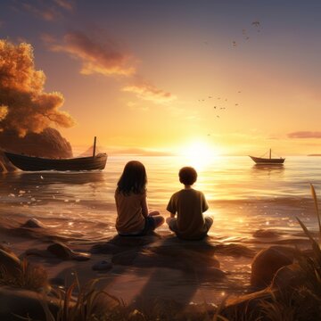 a boy and girl sitting on a beach looking at a boat