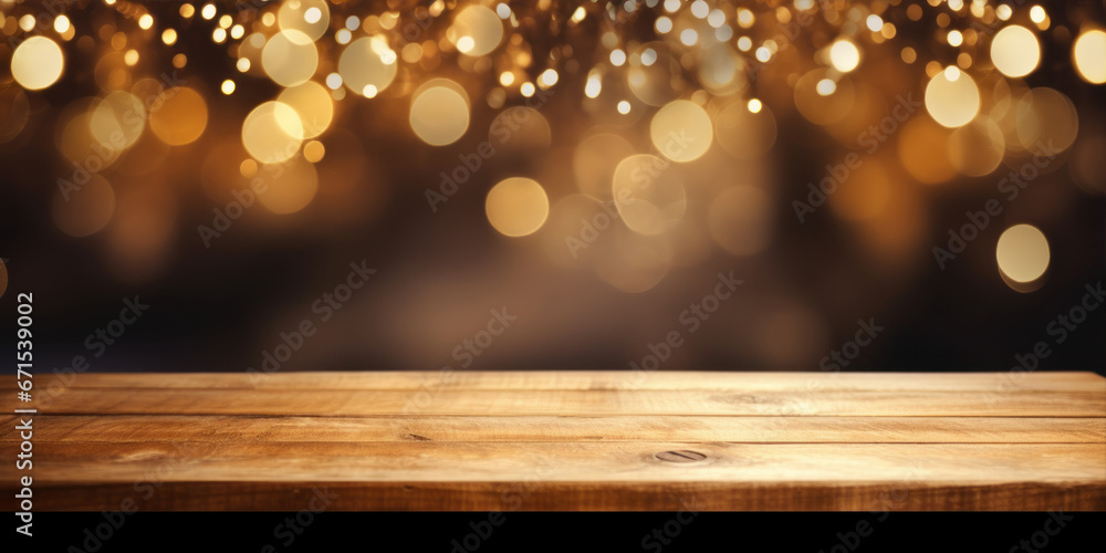 Poster wooden table in front of bokeh lights background. for product display