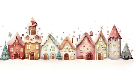  a drawing of a row of houses in the snow with a santa hat on top of one of the houses.  generative ai