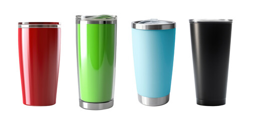 Set of stainless steel glass,cold cup such as blue,red,green and black colours on transparent background. - obrazy, fototapety, plakaty