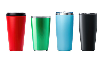 Set of stainless steel glass,cold cup such as blue,red,green and black colours on transparent background.