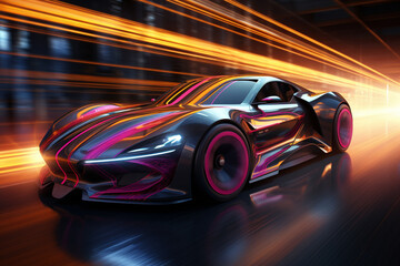 Futuristic sports car in high-speed motion. The dynamic composition showcases the car's sleek design, blazing trail of lights and innovation. Ai generated