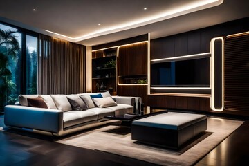 A sleek and futuristic living room with minimalist furniture, integrated smart technology, and dramatic lighting