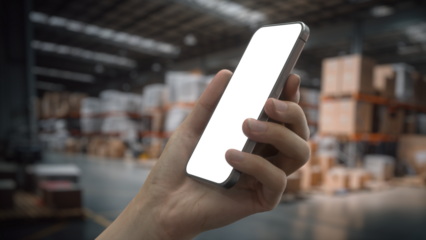 CU View of Caucasian male worker using smartphone inside huge warehouse, png