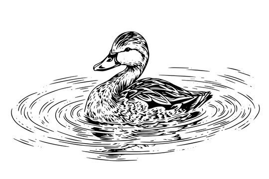 Swimming duck hand drawn ink sketch. Engraved style vector illustration.