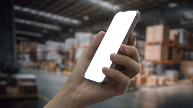 CU View of Caucasian male worker using smartphone inside huge warehouse, png
