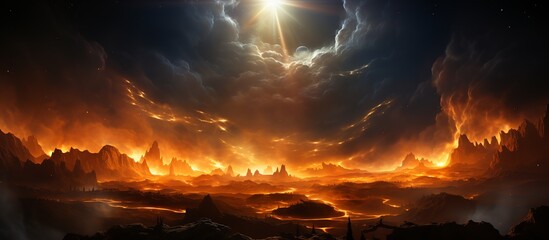 Dramatic religious background - hell realm, bright lightnings in dark red apocalyptic sky