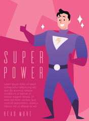 Strong energy superman, advertising energetic drink design, super power vector poster template, cartoon muscular man
