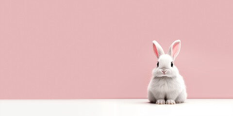 Little white rabbit on pink background, minimalist banner with copy space.