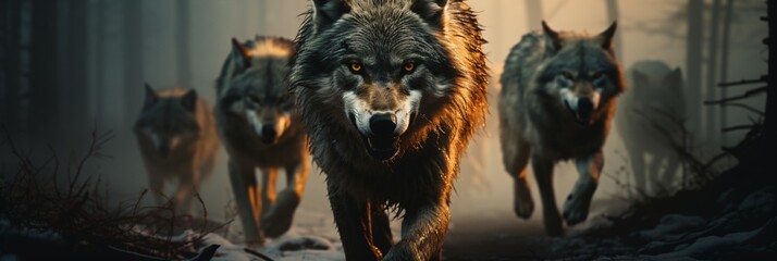 a pack of aggressive gray wolves hunt in the wilderness - obrazy, fototapety, plakaty