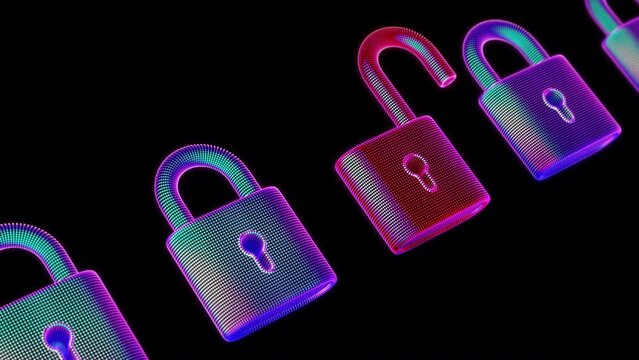 Row of 3D blue closed locks, one of which changes color to red and unlocks. Cyber security, hacker attack and data protection abstract concept. Looped 4K animation of information privacy in internet