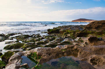 Fototapeta na wymiar The dune, rocks and puddles at low tide at dawn
