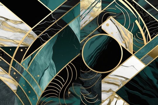 Fond art d&eacute;co abstrait avec un motif g&eacute;om&eacute;trique minimaliste, incrustation de mosa&iuml;que moderne, carrelage, texture d'agate de marbre et d'or. IA g&eacute;n&eacute;rative, IA