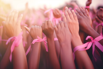 Photo of female hands holding pink ribbon