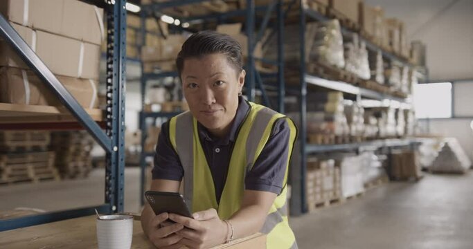 Portrait of Warehouse Worker using Smart phone and Looking at camera
