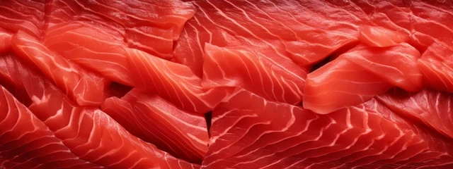 Fotobehang Sliced bluefin tuna raw meat texture background, close-up. © Artem