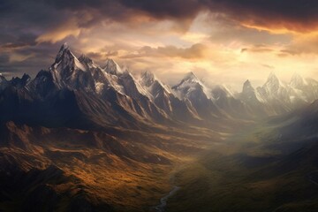 Scenic landscape with towering peaks and majestic ranges. Generative AI