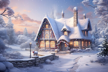 Fototapeta premium Winter fairy village, where charming houses and winding streets are blanketed in a soft, shimmering layer of snow. Ai generted