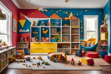A child's playroom with whimsical furniture, colorful wall art, and interactive learning spaces, showcasing the fun and imaginative side of kid-friendly interior design