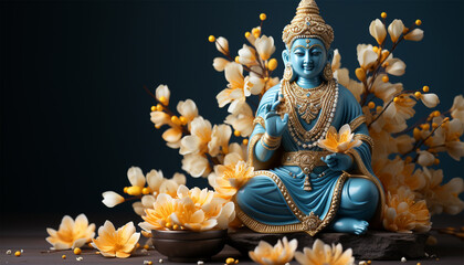 Hindu god. Vishnu, Indian lord of Hinduism. Hari god of ancient India. Hindu deity sitting on lotus flower, holding attributes. Traditional holy divinity. illustration copy space