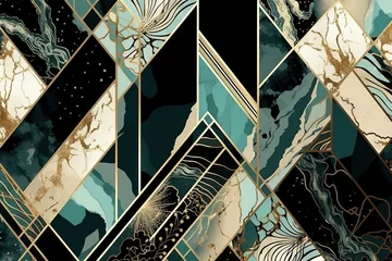 Tapeten Befleckt Fond art déco abstrait avec un motif géométrique minimaliste, incrustation de mosaïque moderne, carrelage, texture d'agate de marbre et d'or. IA générative, IA